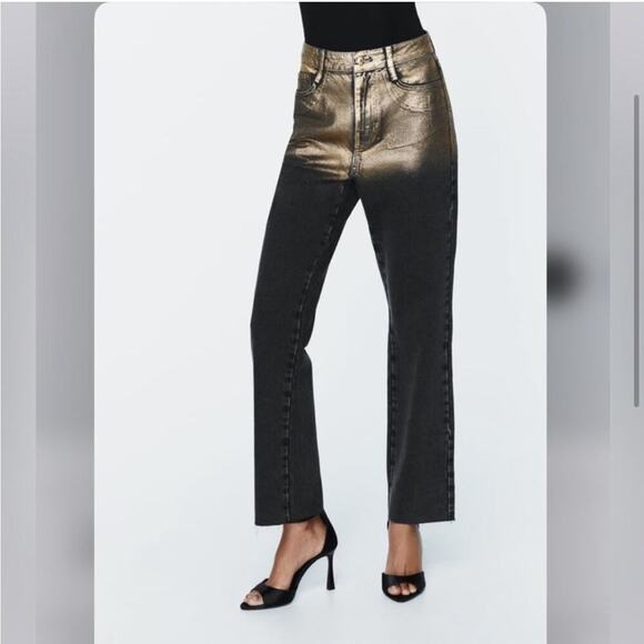 Zara Black and Metallic Gold HIGH WAIST Z1975 STRAIGHT LEG FOIL JEANS - Picture 3 of 11